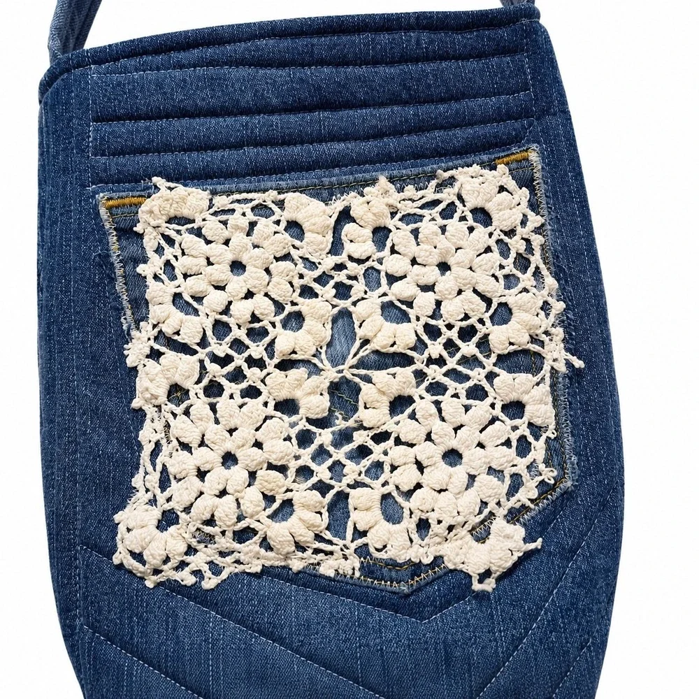 Carolina‎ Blues Handmade Denim Crossbody Purse Jean Crochet Lace Pocket Upcycled